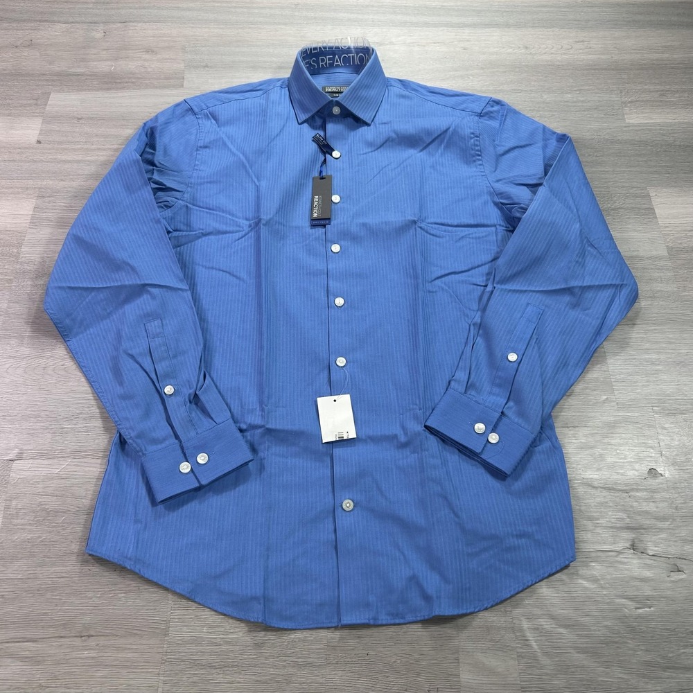 NEW Kenneth Cole Reaction Dress Shirt Mens 15.5 34/35 Blue Slim Fit Stripe